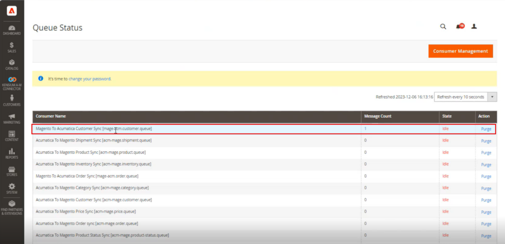 Message Count shows the created customer in Acumatica in the Queue Status